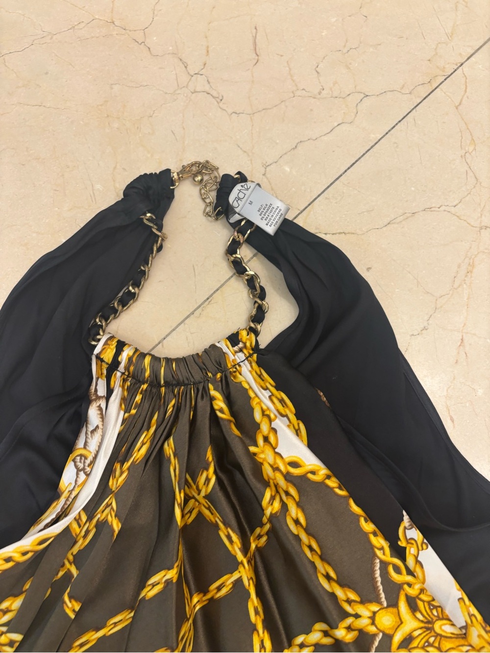 Cache Black and Gold Chain-Print Halter Camisole